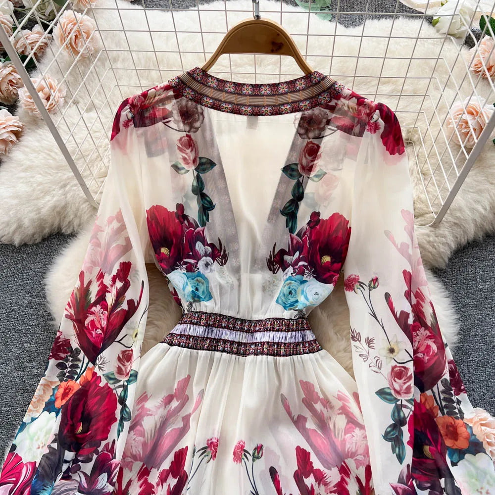 Retro Floral Print Pleated Elegant Chiffon Maxi Dress A-line Mesh V Neck Beach Vacation Party Dress Women Summer Spring Vestidos