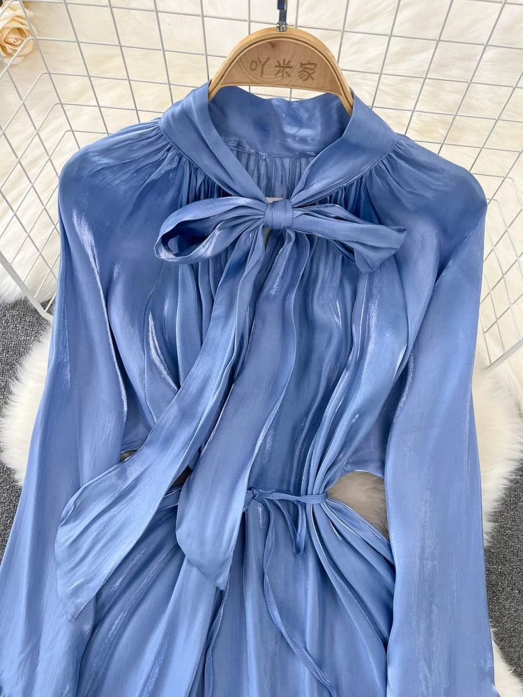 Elegant and Chic Solid Evening Dresses for Women Fashion New Bow Lace Up Flare Long Sleeve A-Line Vestidos Autumn Female Clothes