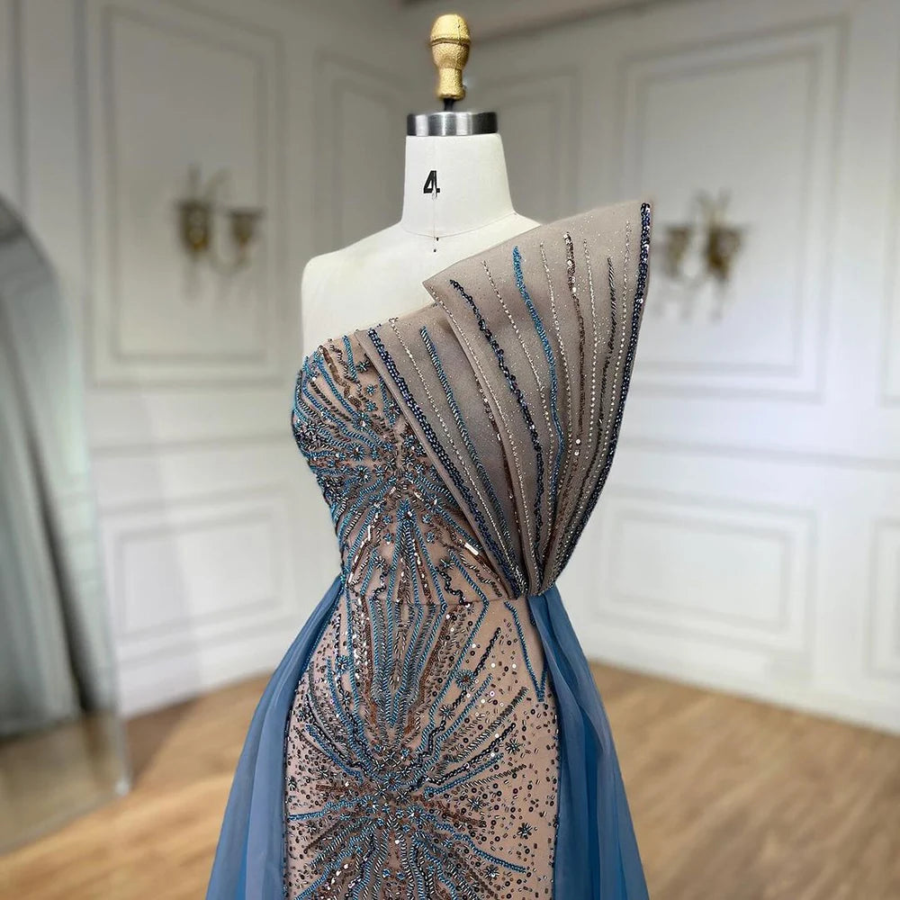 Serene Hill Blue High Split With Overskirt Mermaid Luxury Beaded Dubai Evening Dresses for Women Wedding Party 2024 LA71921A