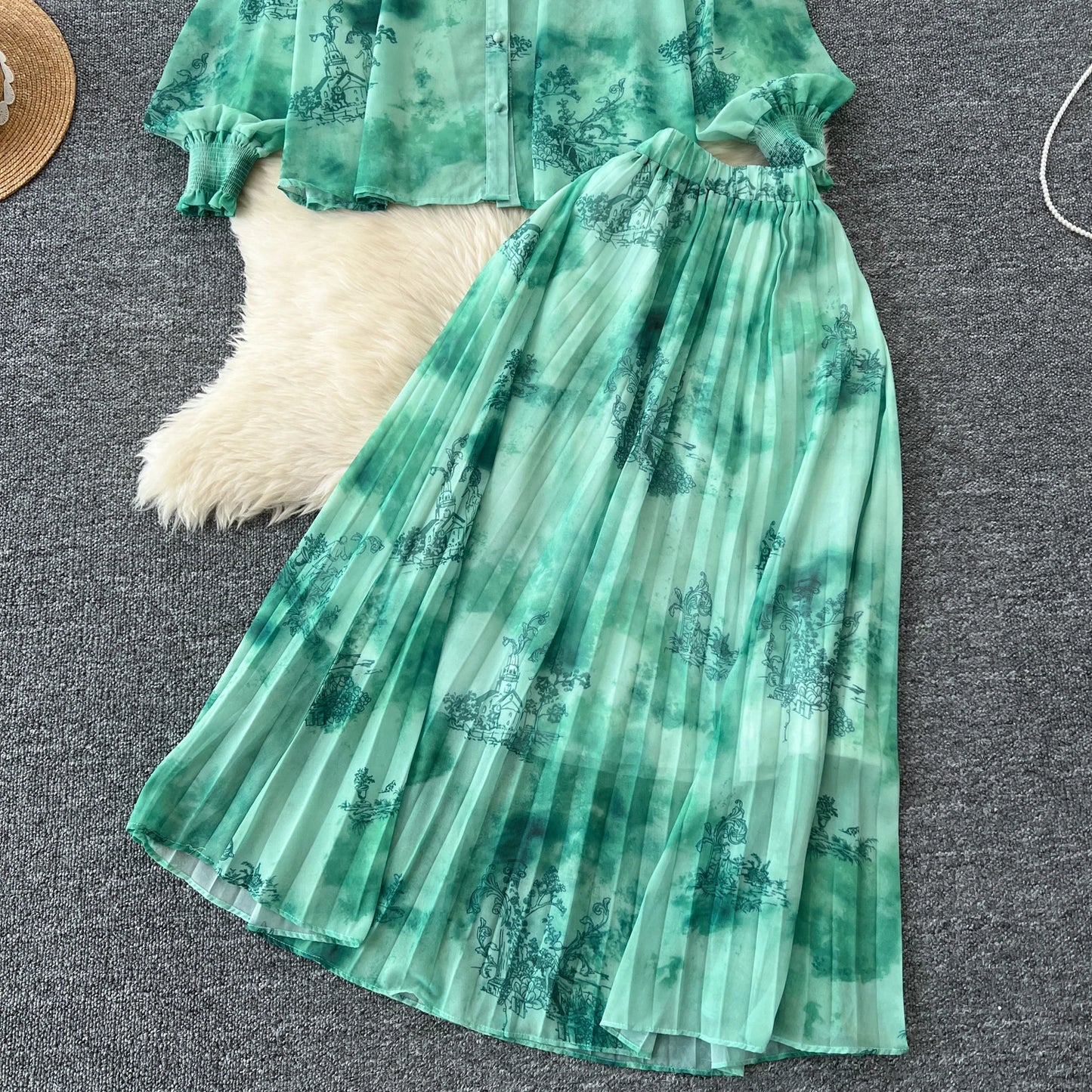Women Chic Print Sweet Two Pieces Sets Bow Lantern Long Sleeve Top High Waitst Wide Skirt Fashion Summer Sets
