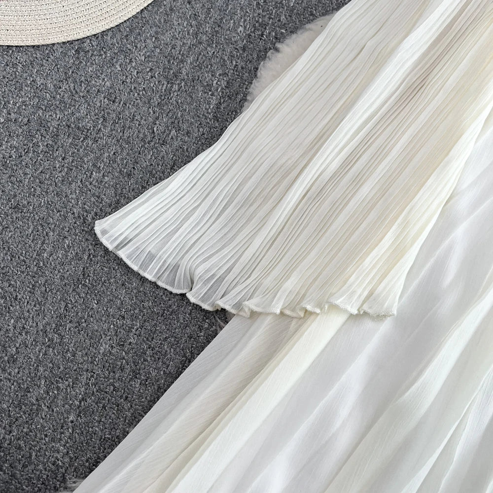 Autumn Solid Pleated Long Dresses for Women Halter V-Neck Flare Sleeve Wedding Party Dress Korean Fashion One Piece Vestidos New