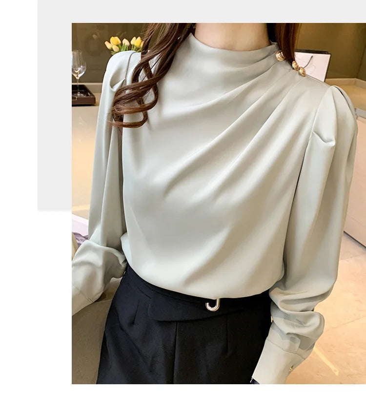 Autumn New Women's Style Stand up Collar Pleated Long Sleeve Top Fashion Lantern Sleeve Loose Elegant Solid Color Shirt Blouse