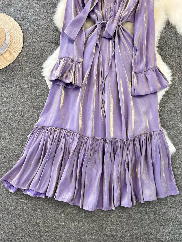 Elegant and Chic Solid Evening Dresses for Women Fashion New Bow Lace Up Flare Long Sleeve A-Line Vestidos Autumn Female Clothes