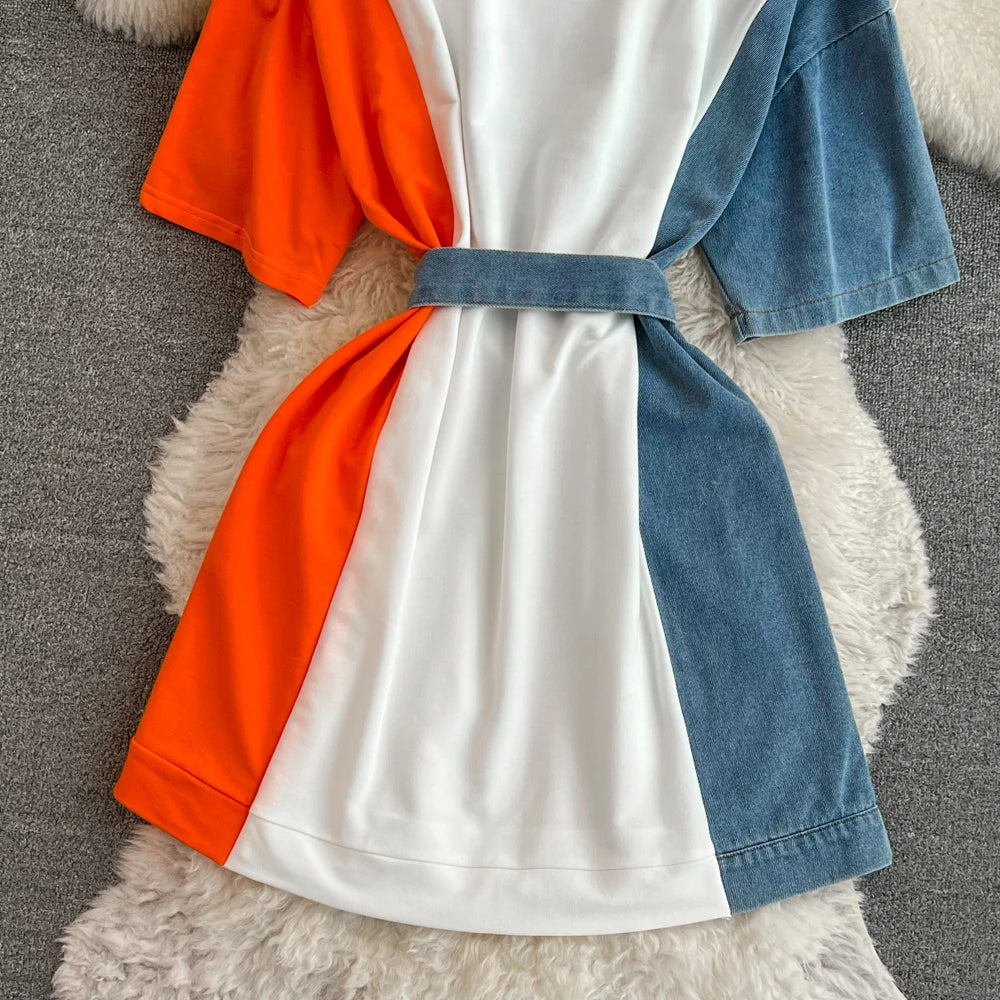 Women Summer Casual T Shirt Short Sleeve Streetwear Patchwork Denim Long Shirts Female O-neck Slim Jeans Tops