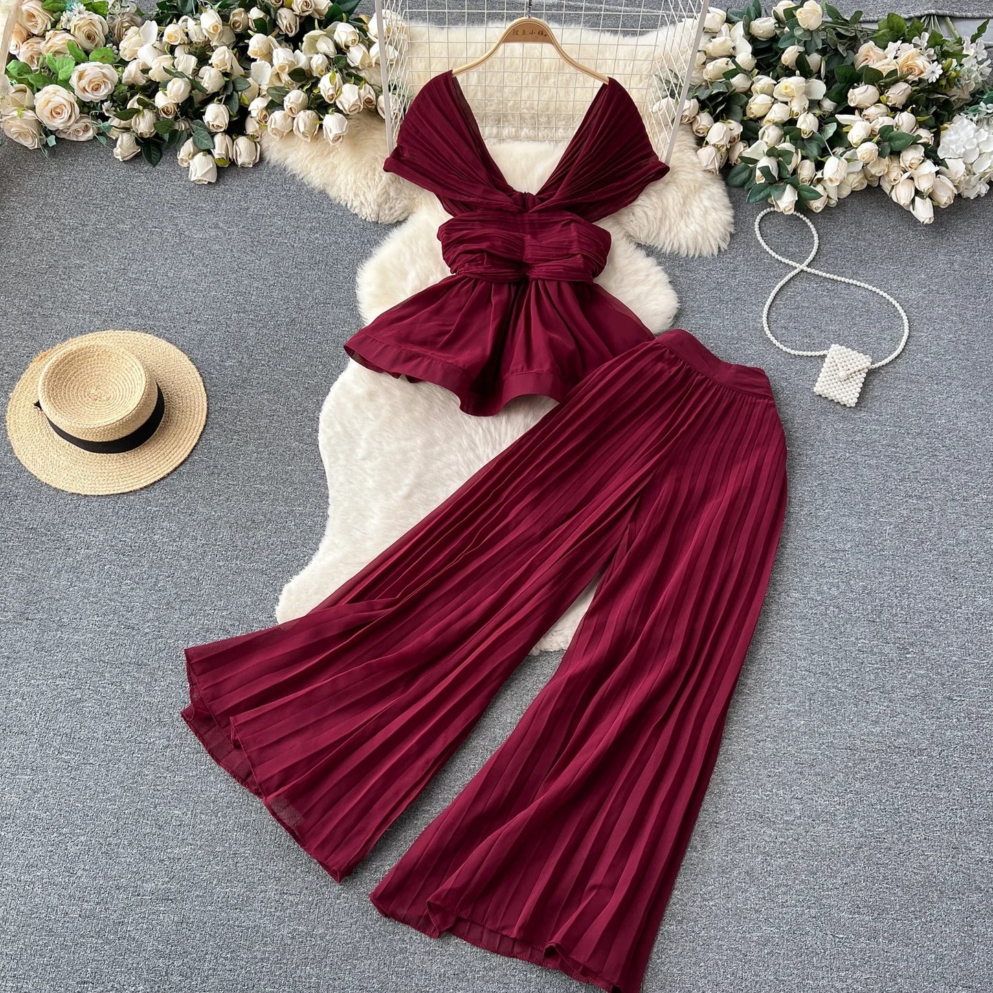 Sexy Two Pieces Sets Chic Pleated Sleeveless Off Shoulder Top with Fashion Hotsweet High Waist Wide Leg Pant Sets
