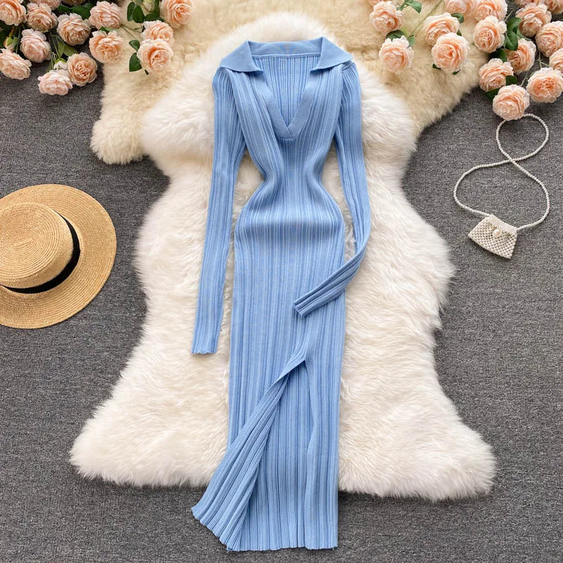 Women Chic Elegant Long Sleeve Split Bodycon Midi Dress Sexy French Fashion Knit Wrap Vestidos Elastic Slim Pencil Sweater Dress