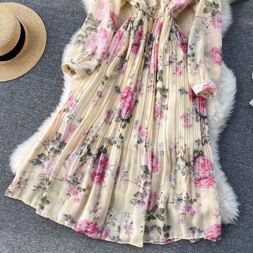 Retro Floral Print Pleated Elegant Chiffon Maxi Dress A-line Fashion Beach Vacation Party Dress Women Summer Spring Vestidos