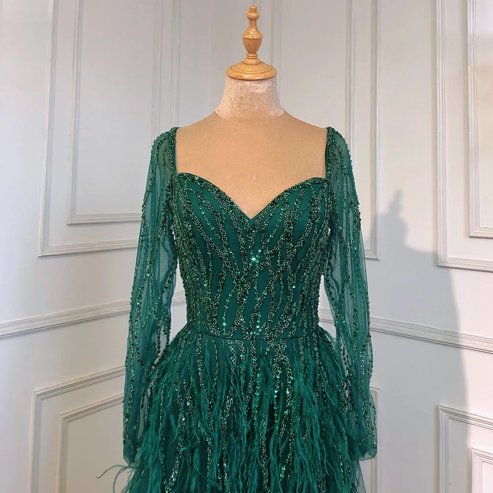 Serene Hill Arabic Red Elegant A Line For Women Long Sleeves Evening Dress Luxury Beaded Handmade Feathers 2024 LA71468