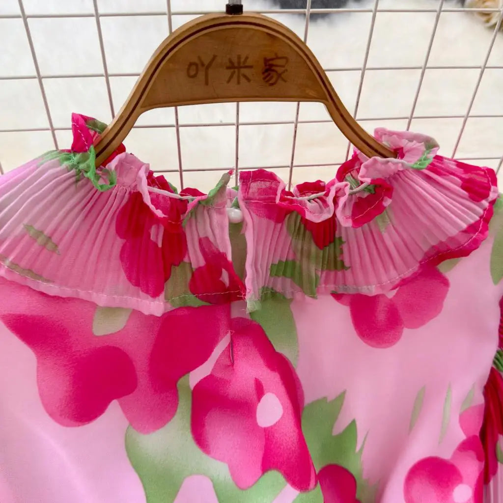 Summer Vintage Casual A-Line Floral Print Women Dress Elegant Chic Pleated Party Prom Vestidos with Belted Female Long Robe