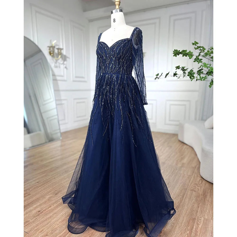Serene Hill Arabic Red Elegant A Line For Women Long Sleeves Evening Dress Luxury Beaded Handmade Feathers 2024 LA71468