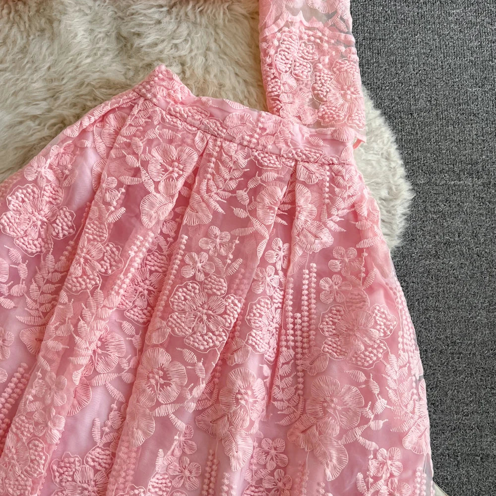 High Quality Floral Embroidery Two Piece Sets Women Suits Elegant OL Long Sleeve Shirt Mid Skirts 2 Piece Outfits Female