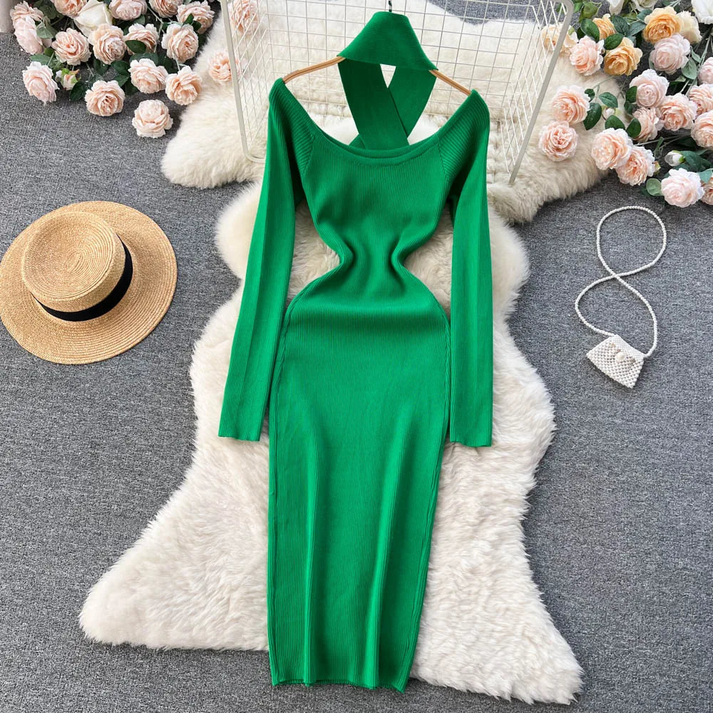 Chic Sexy Criss-cross Halter Elegant Pencil Dress Fashion Slim Knit Long Sleeve Birthday Party Vestidos Women Autumn Winter Robe