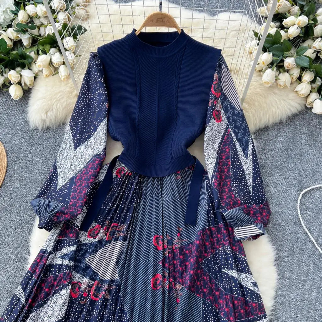 French Vintage Patchwork Print Knitted Dress Elegant and Chic Boho Beach Holiday Dresses A-Line Slim Waist Pleated Vestidos New