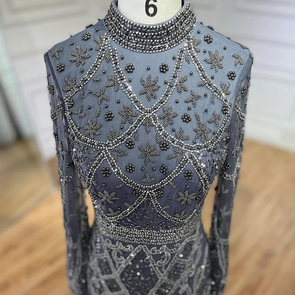 Serene Hill Muslim Grey Mermaid Elegant Nude Cape Sleeve Beaded Luxury Dubai Long Evening Dress 2024 Women's Party LA72316