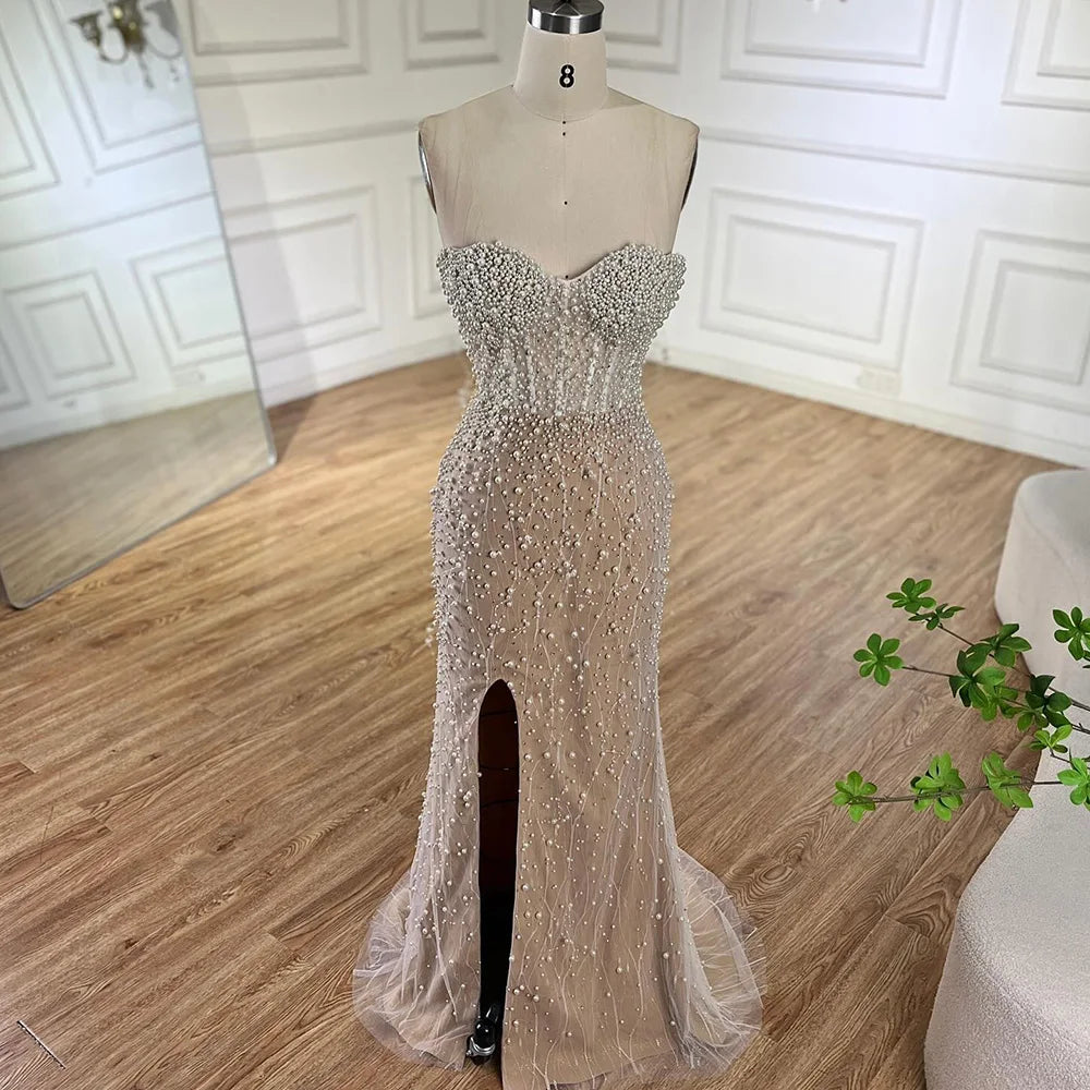 Serene Hill 2024 Arabic White Nude Mermaid Gown Pearls Beading High Split Luxury Dubai Evening Dress for Women's Party LA72544