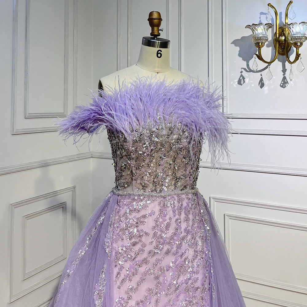 SERENE HILL 2024 Blue Feather Mermaid Luxury Beaded Evening Dresses Overskirt Formal Pink Gowns For Women Wedding Party GLA72061