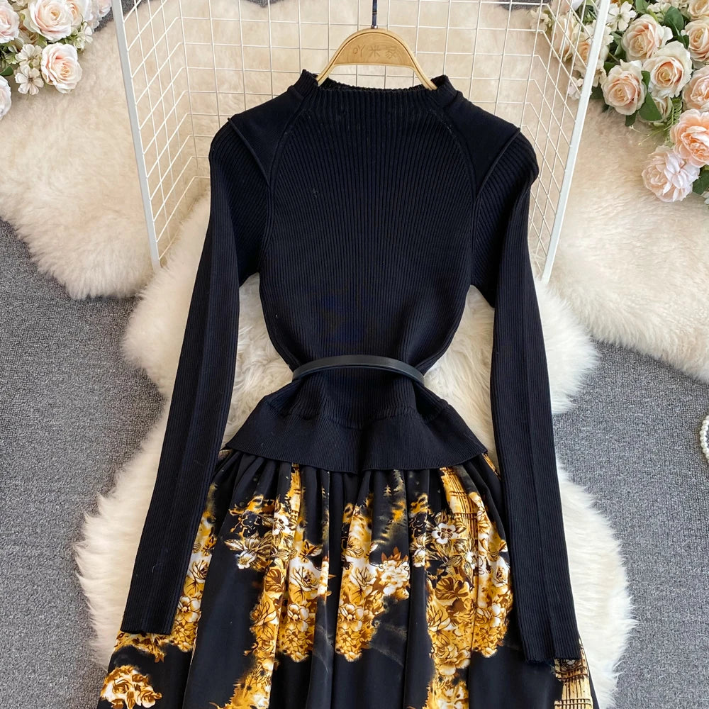 Women Chic Long Sleeve Stand Collar Patchwork A-line Dress Vintage Korean Fashion Knit Vestido Elegant Autumn Winter Knitwear