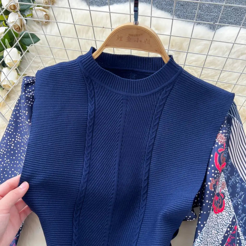French Vintage Patchwork Print Knitted Dress Elegant and Chic Boho Beach Holiday Dresses A-Line Slim Waist Pleated Vestidos New