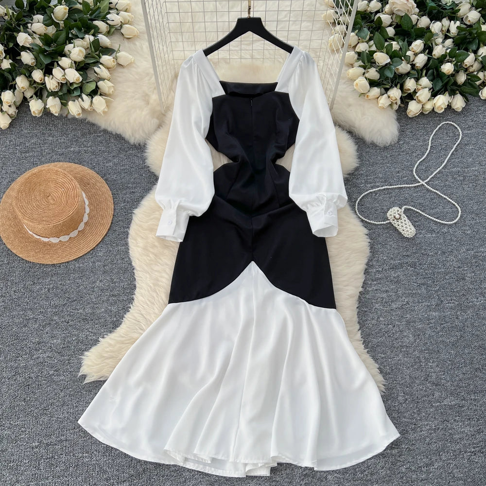 Elegant Pleated Mermaid Dress for Women Autumn Black White Patchwork Evening Party Dresses Autumn Slim Waist Prom Vestidos Robe