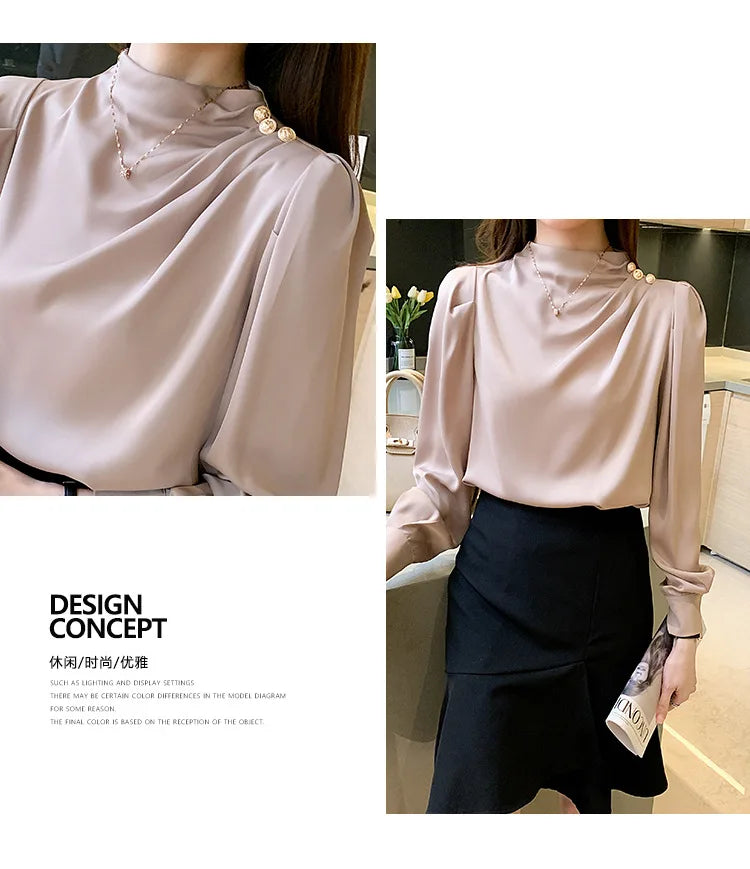 Autumn New Women's Style Stand up Collar Pleated Long Sleeve Top Fashion Lantern Sleeve Loose Elegant Solid Color Shirt Blouse