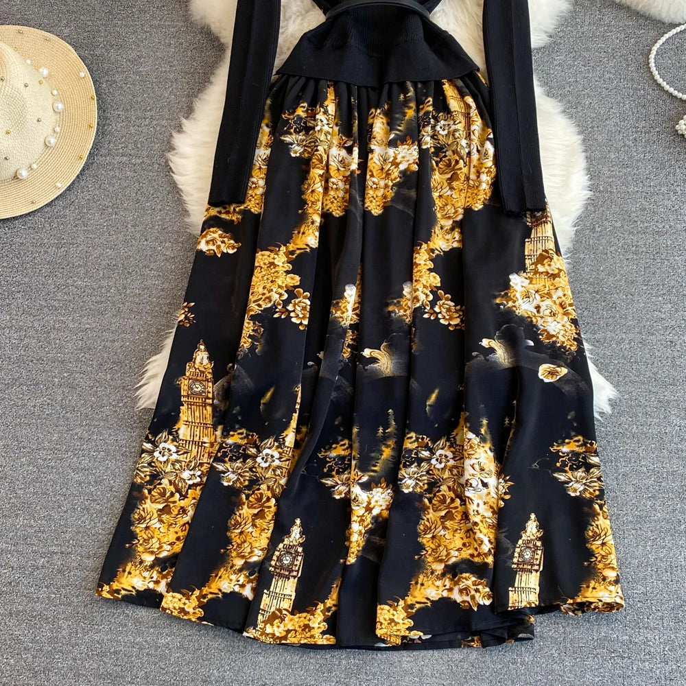Women Chic Long Sleeve Stand Collar Patchwork A-line Dress Vintage Korean Fashion Knit Vestido Elegant Autumn Winter Knitwear