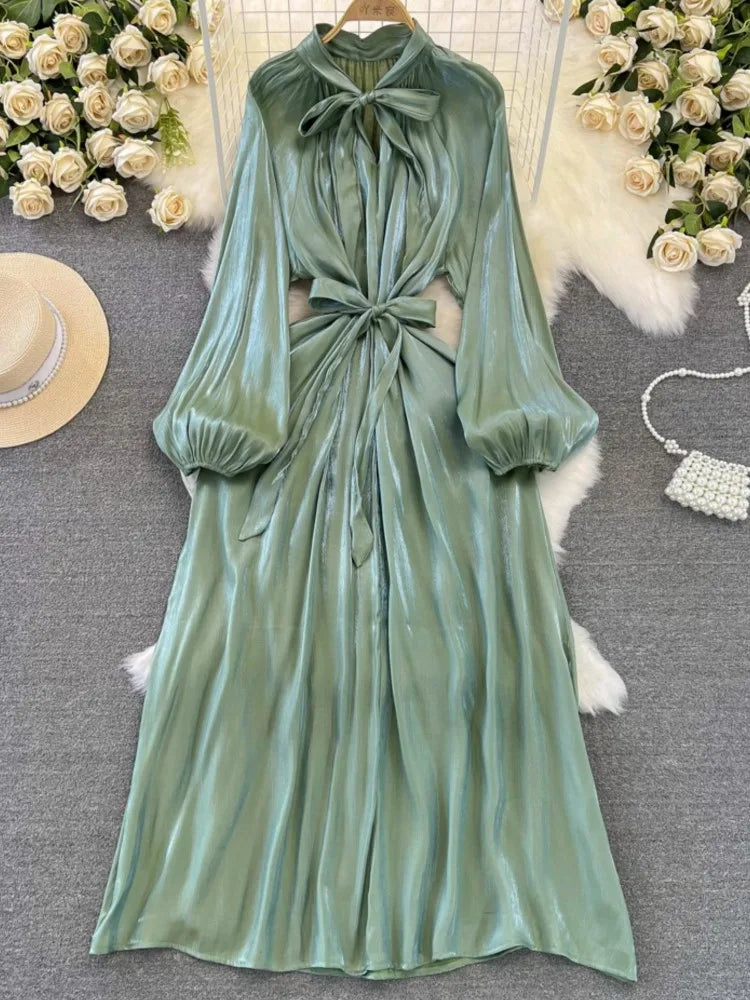 Autumn Elegant Women Fashion Party Long Dress Bow Lace Up Long Sleeve Evening Dresses A-Line Casual Vestidos One Piece Prom Robe