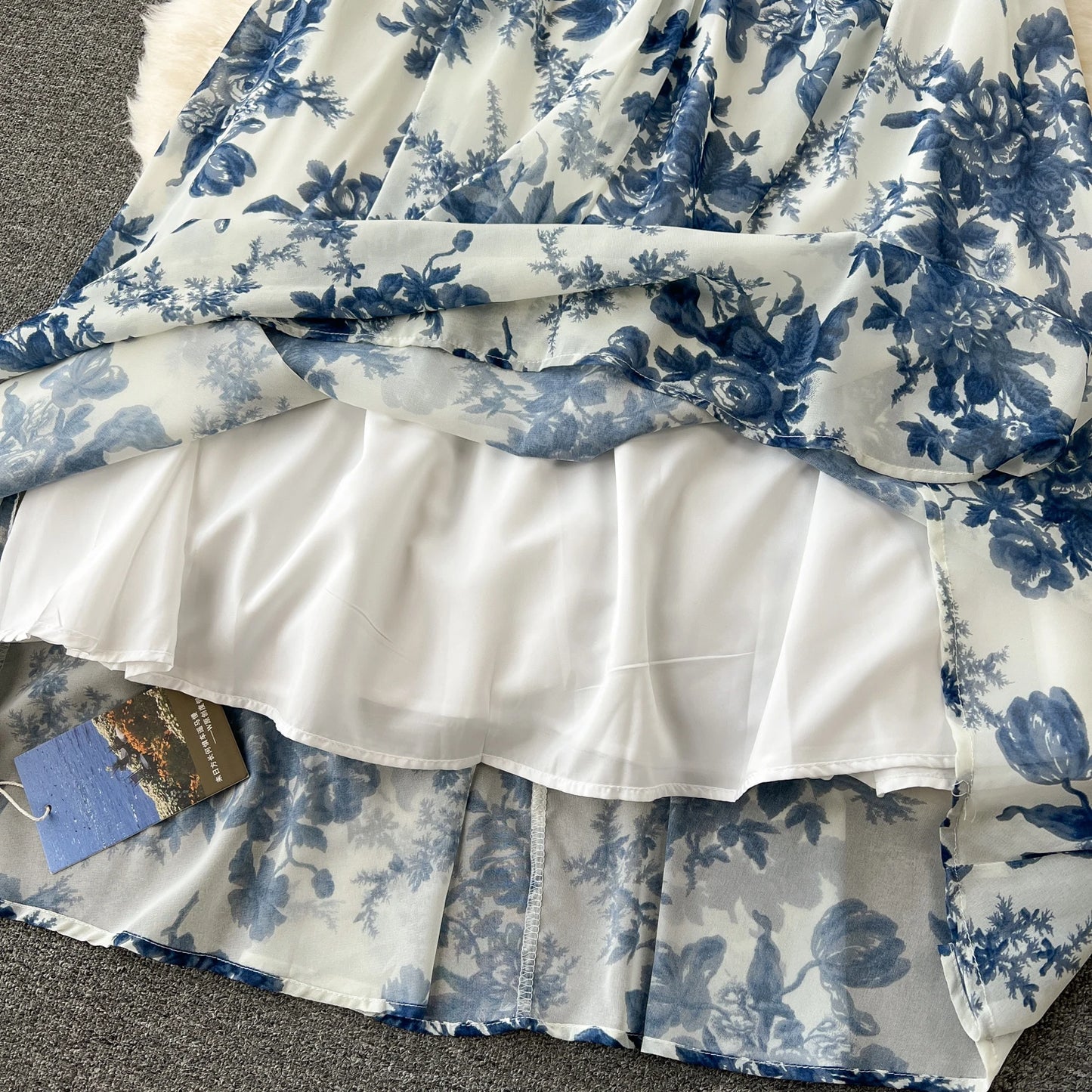 French Blue Printing Beach Long Dress Women Retro Floral Elegant Party Dresses Ladies Slim A-line Sleeveless Chiffon Long Robe