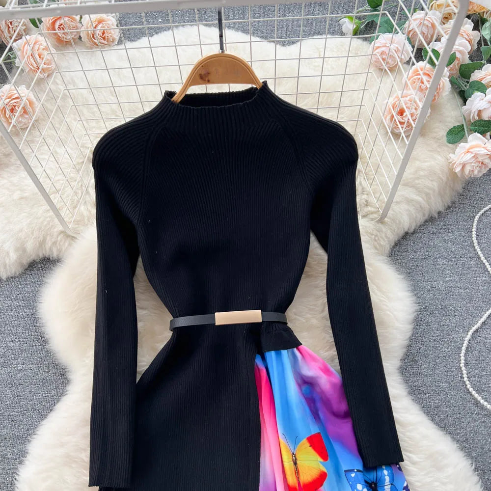 Elegant Chic Print Patchwork Knit Dress French Long Sleeve Party A-line Vestidos High Waist Basic Slim Women Autumn Winter Dress