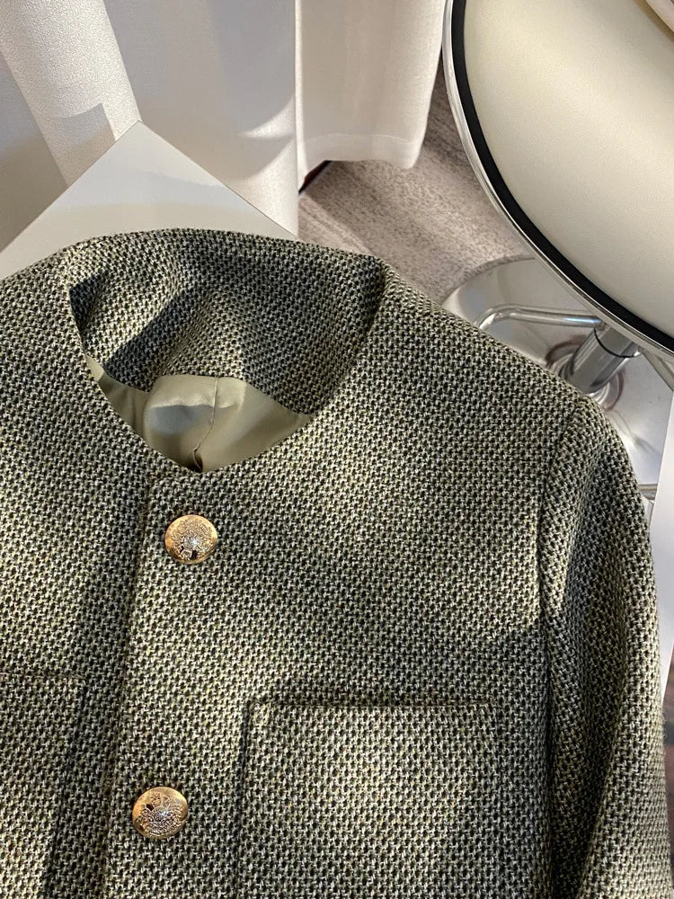Women's Round Neck Blazer Jacket for Spring and Autumn Trendy Single Breasted Cropped Coat Small Fragrance Green Suit Outerwear