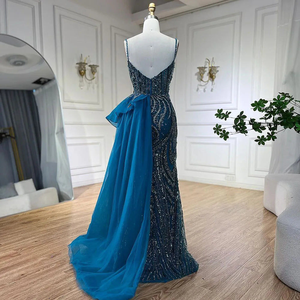 SERENE HILL 2024 Turquoise Spaghetti Strap Luxury Beaded Evening Dresses Mermaid Elegant Overskirt Gown For Women Party GLA72378