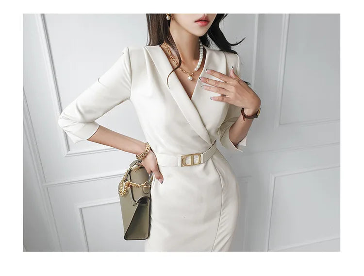 Commuting Style V-neck Mid length One Step Dress with Belt Autumn New Office Women's Slim Fit Waist Closing Beige Split Dresses