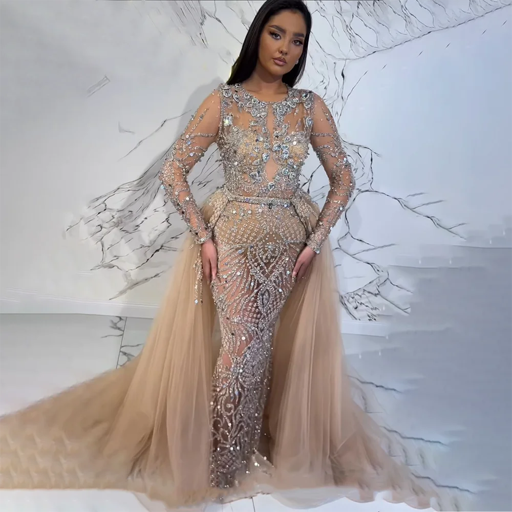 Serene Hill Muslim Silver Nude Mermaid Gown with Detachable Overskirt Beaded Evening Dress for Women Wedding Party 2024 LA71919