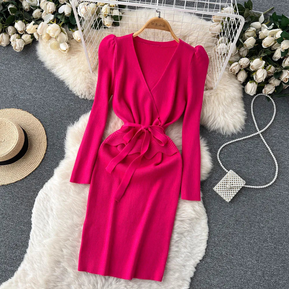Women Long Sleeve V Neck Sexy Knit Bodycon Dress Chic Vintage Lace Up French Fashion Vestidos Party Elegant Fashion Dresses Y2k