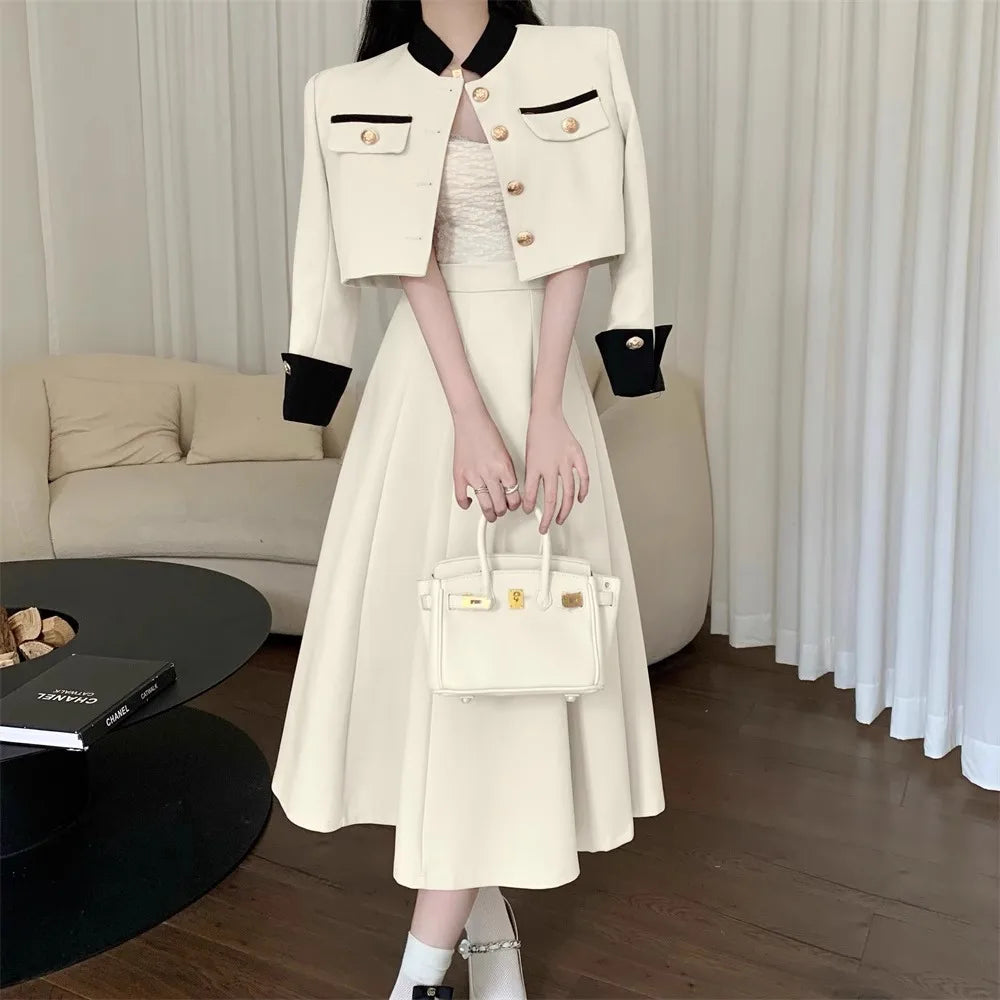 Women’s Elegant Two Piece Set Trendy Chic Sets Single Breasted Cropped Jacket Coat+High Waist Midi A-line Skirts Female Spring