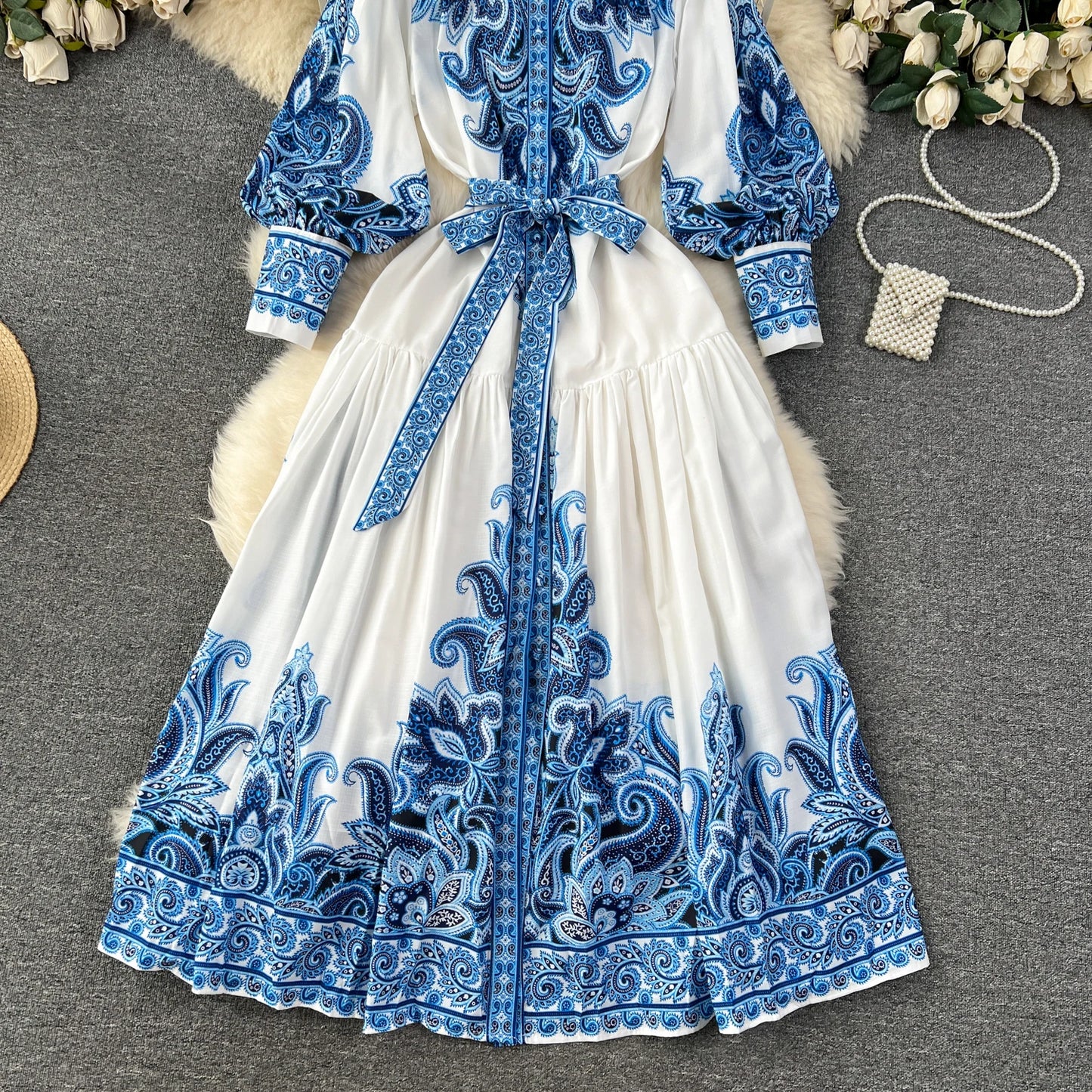 Vintage Print Elegant Half High Collar Lantern Long Sleeve Dress A-line Casual Women Fashion Autumn Spring Vestidos