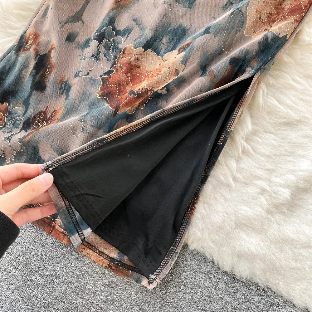 Elegant High Waist Fashion Print Pleated Split Dress Long Sleeve Square Neck Vestidos Autumn Winter Pencil Dress