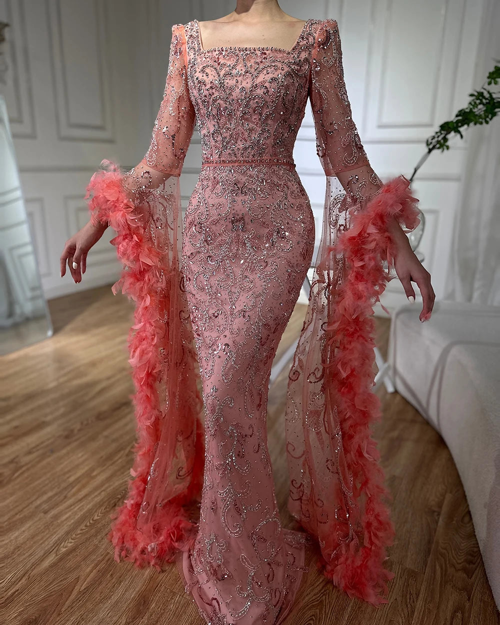 Serene Hill Flared Sleeves Mermaid Peach Beaded Feather Luxury Evening Dresses Gowns For Women's Party 2024 LA72767
