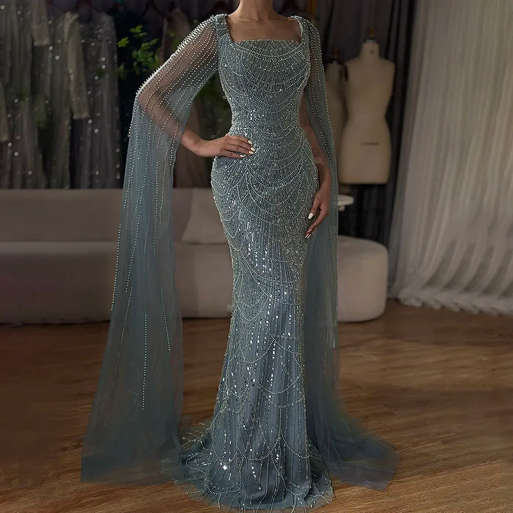 Serene Hill 2024 Saudi Arabic Turquoise Mermaid Evening Dress With Beaded Cape Sleeves For Formal Occasion BLA72590A