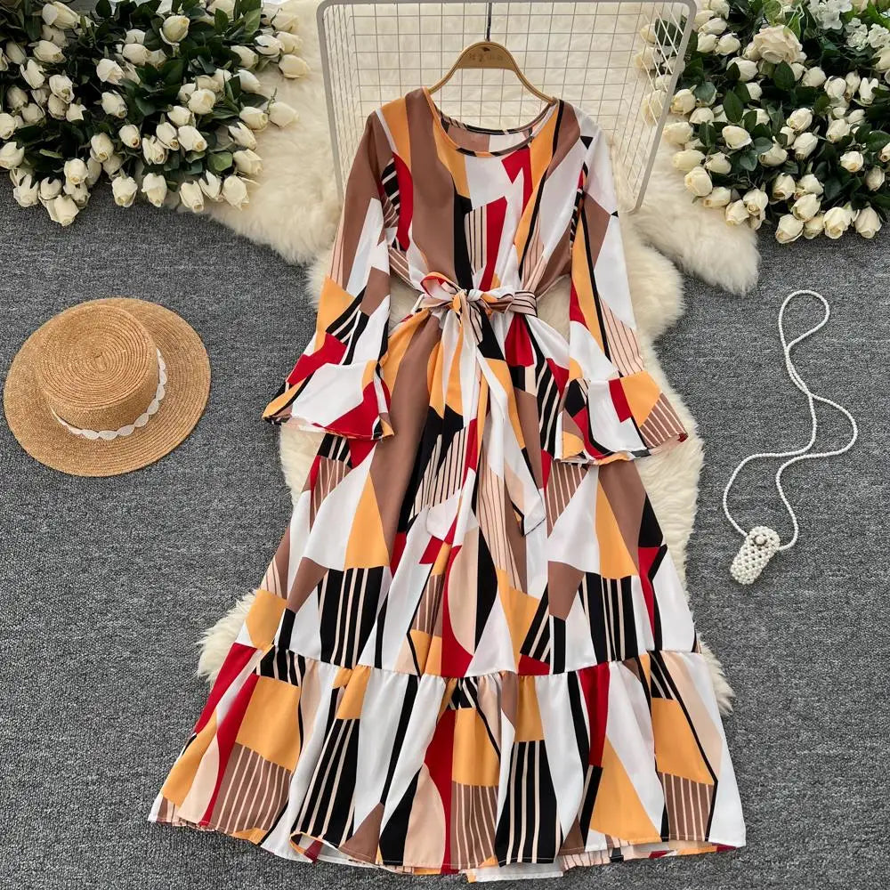Women Vintage Print Dress for Women Autumn Flare Long Sleeves Lace Up Ruffles Slim Waist Evening Party Dresses A-Line Vestidos