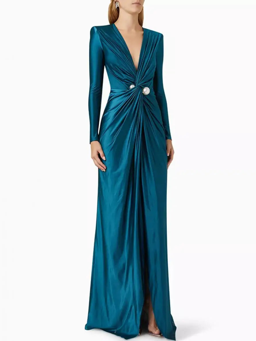 Yeezzi 2024 New Female Tied Waist Deep V-Neck Pleated Prom Banquet Dress Spring Long Sleeves Elegant Party Evening Maxi Dresses