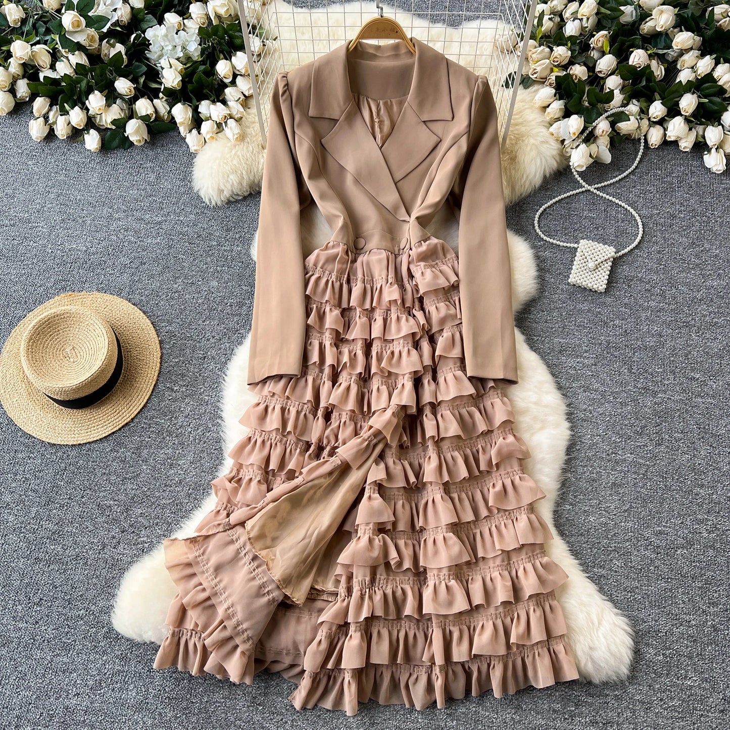 French Vintage Two Pieces Sets Notched lool sleeve mesh sweet A-line Chic PATCHWORK Women Summer dresses