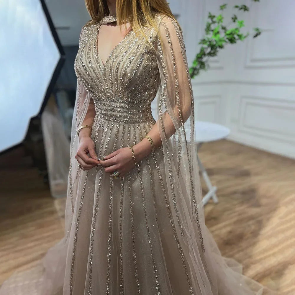 SERENE HILL 2024 Arabic Caramel A-Line Cape Sleeves Beaded Evening Dresses Luxury Gowns For Women Wedding Party GLA72171
