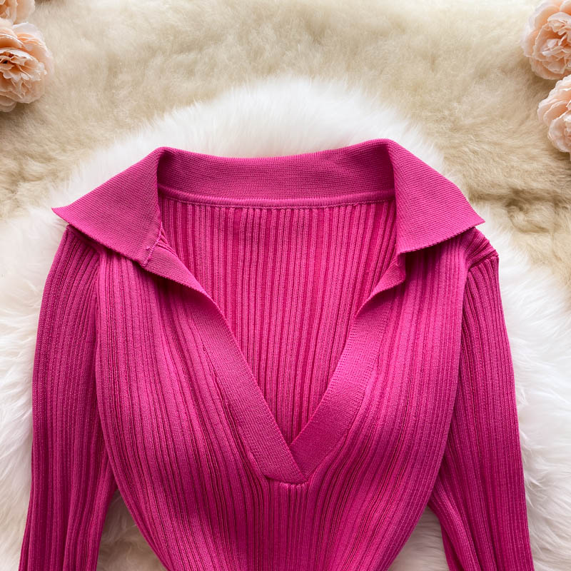 Women Long Sleeve Sexy Bodycon Dress with slit Vintage French Fashion Knit v neck Vestidos Basic Tight Elegant Slim Chic Dresses