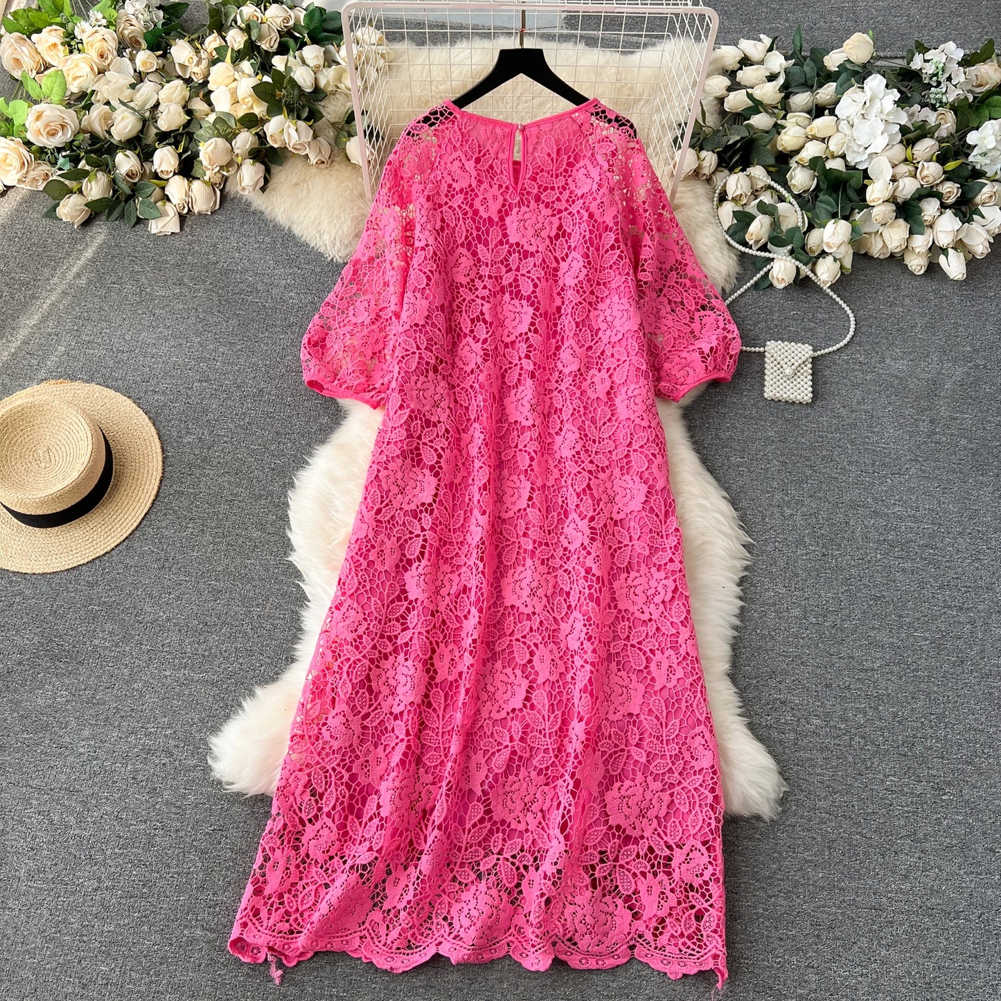 Chic Long Sleeve O Neck Lace Hook Flower Hollow Loose Dress Chiffon A-line Casual Dresses Fashion Women Elegant Vestidos