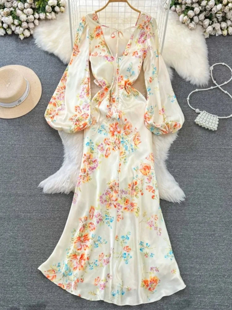 Sexy Bodycon Satin Floral Long Dresses for Women Lantern Sleeve V-Neck Slim Mermaid Evening Party Dress Prom Robe New Vestidos