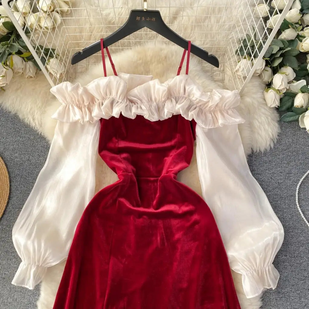 Sexy Bodycon Off Shoulder Party Dress Women Ruffles Velvet Patchwork Elegant Lady Fashion Prom Robe A-Line Vestidos Mujers New