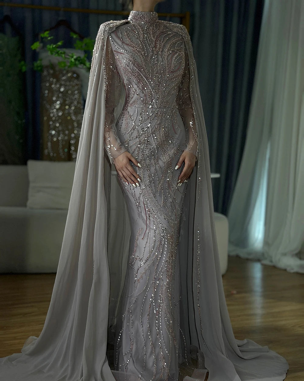 Serene Hill Muslim Sage Green Mermaid Long Cape Beaded Satin Luxury Evening Dresses Gowns For Women Party 2024 LA72413A
