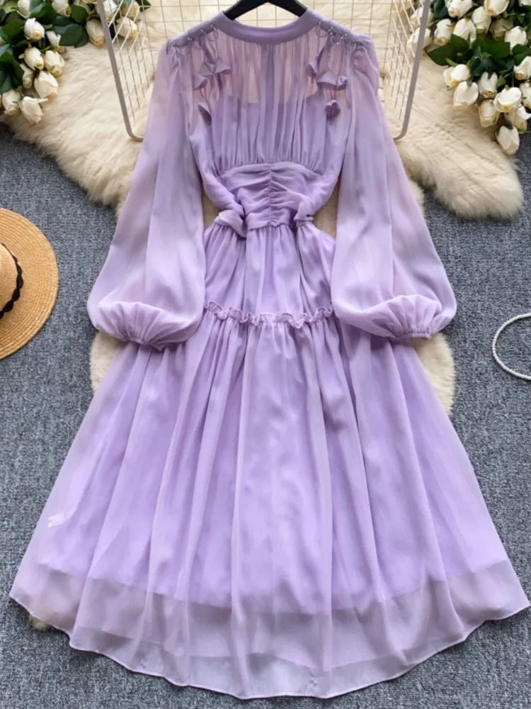Elegant Tassel Beaded Lantern Sleeve Midi Dress Women French Stand Collar Slim A-Line Pleated Female One Piece Casual Mujer New