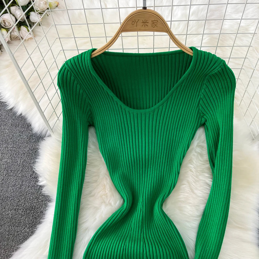 Women Chic Elegant Long Sleeve Bodycon Vneck Dress Sexy French Fashion Knit Wrap Vestidos Elastic Slim Pencil Sweater Dress