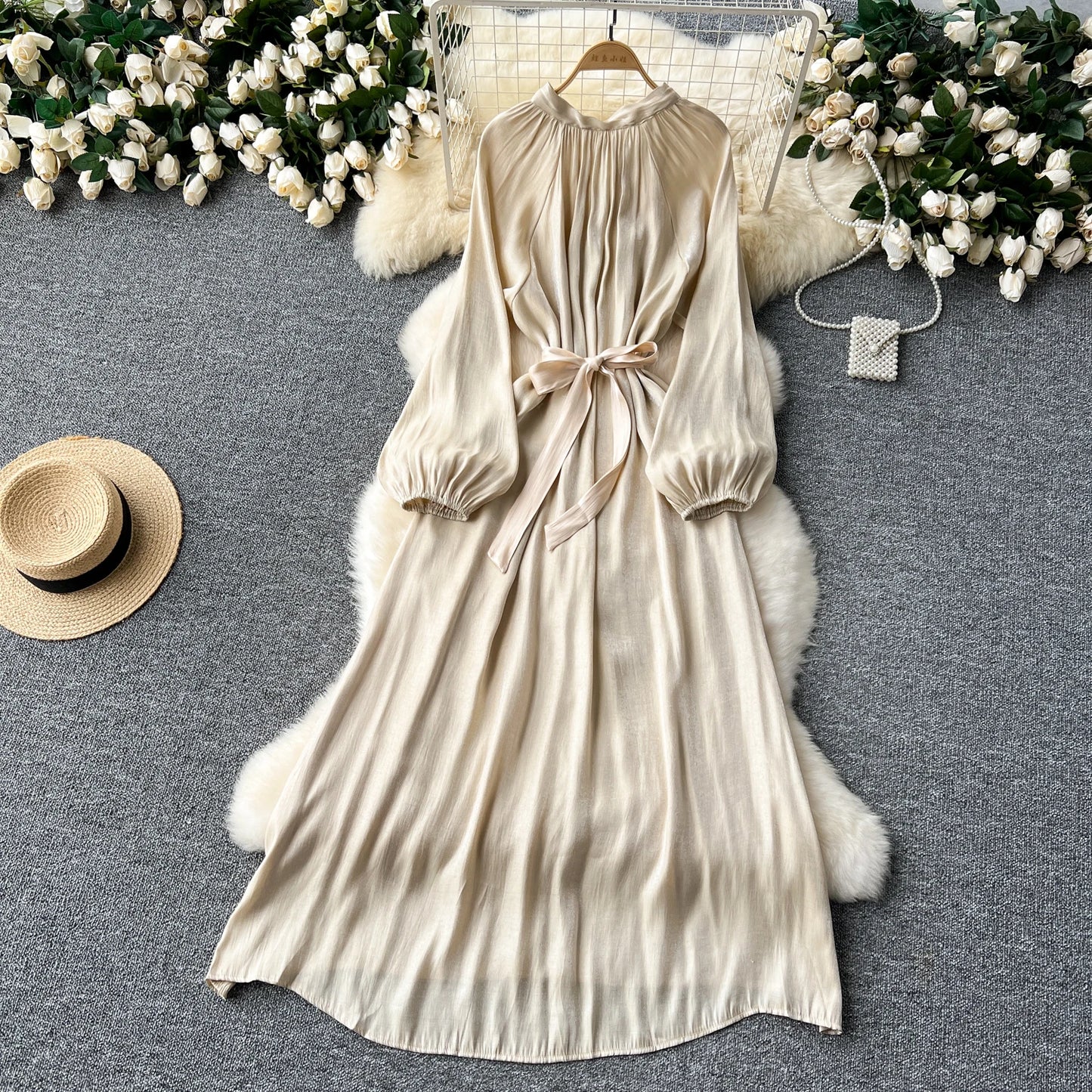 French Vintage Pleated lool sleeve print Lace-up Bow sweet Dress Casual Women Fashion summer dresses